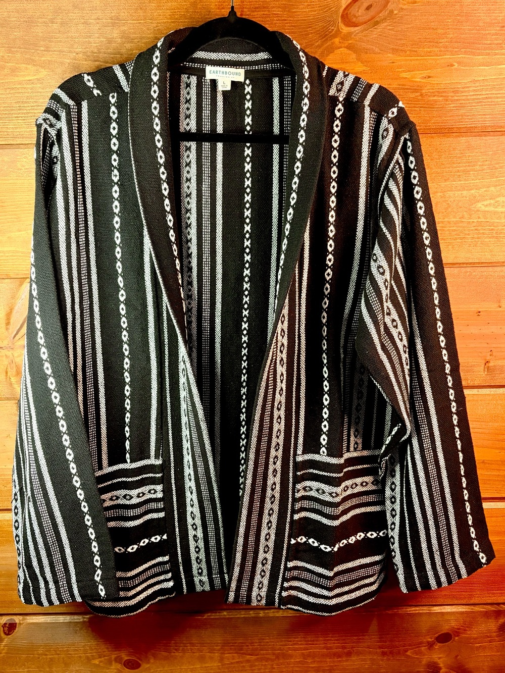 EARTHBOUND Black and White Striped Open-Front Jacket Size Large 💕🖤
